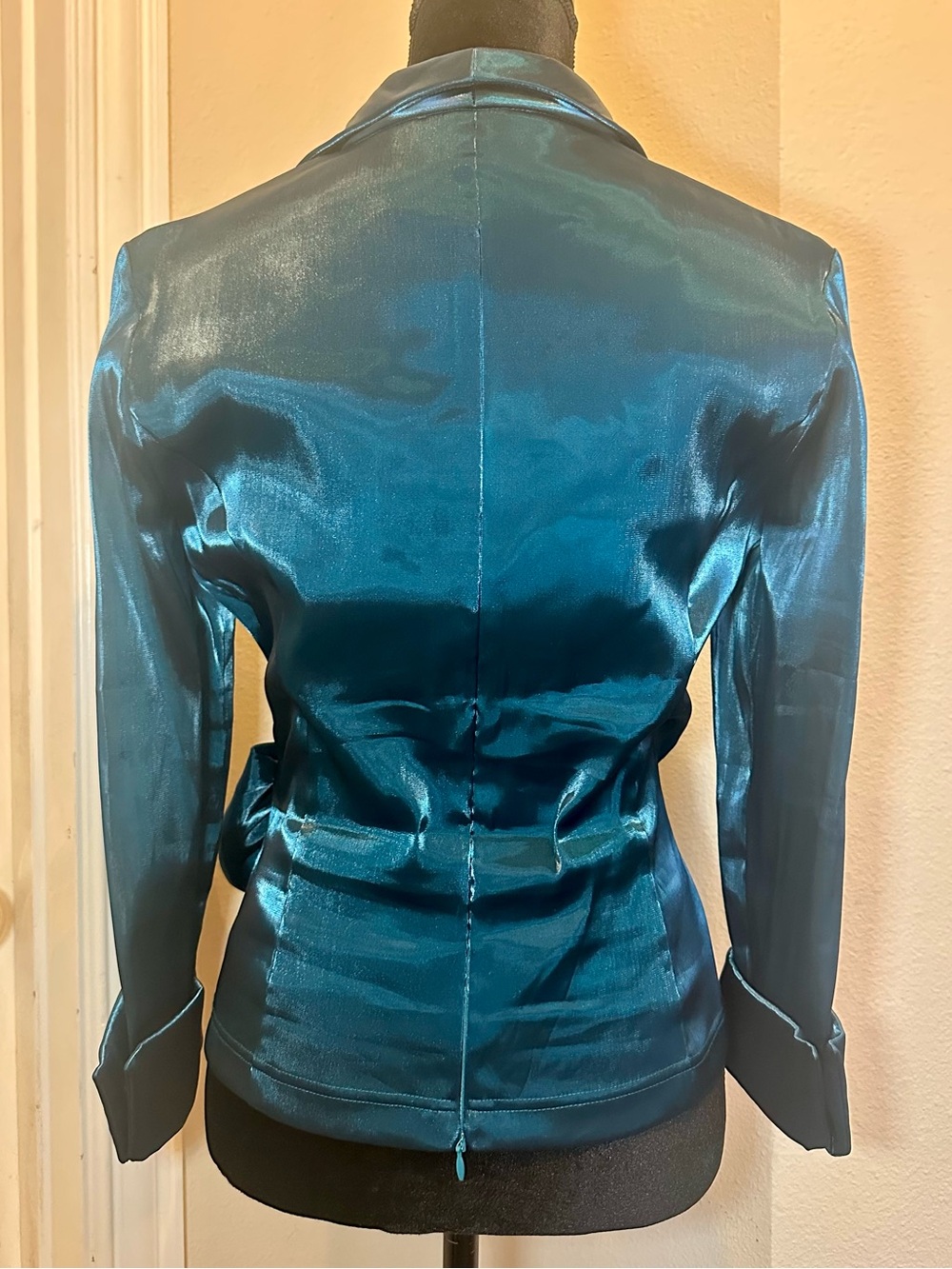 Vintage Cachet Teal Satin Wrap Blouse Rhinestone Buckle Evening Top Size 6 - Picture 3 of 12